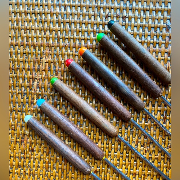 Mid Century Teak Handle Stainless Steel Fondue Fork Set of 7 - Picture 2 of 4